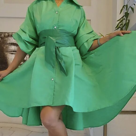 ✨ Swing Into Style – Faux Silk Ruffle Sleeve Dress ✨ - Picture 2 of 4